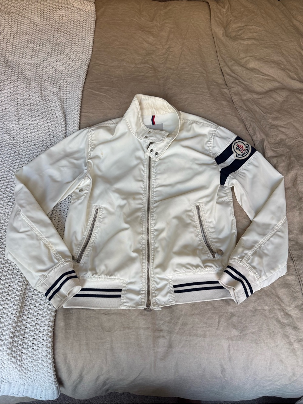 Moncler White Bomber Jacket with Navy Stripe Sleeve and Cuffs
